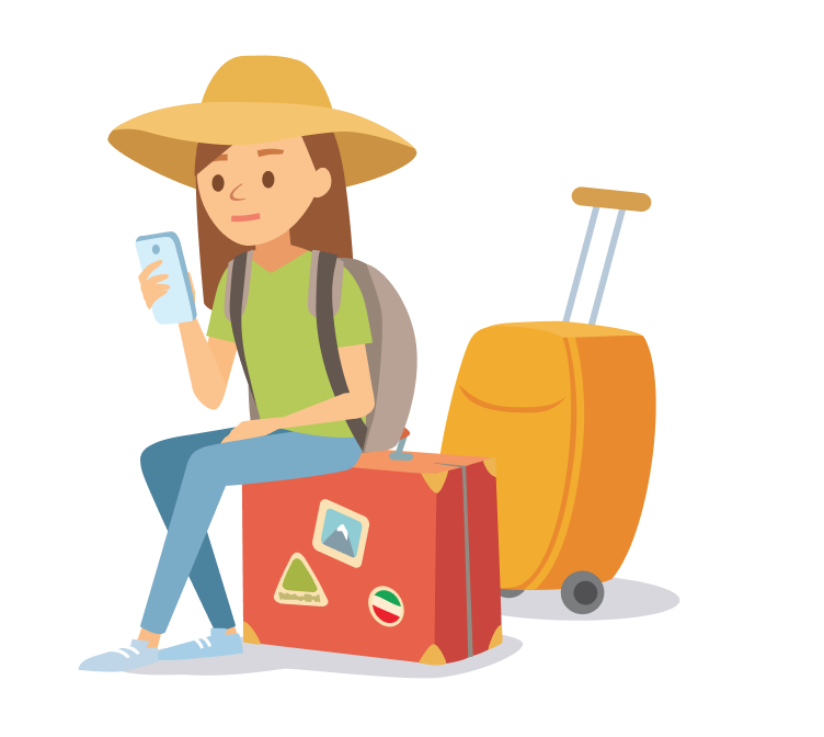Traveller sitting on suitcase with phone and luggage, symbolising a wrong turn or lost page on the site
